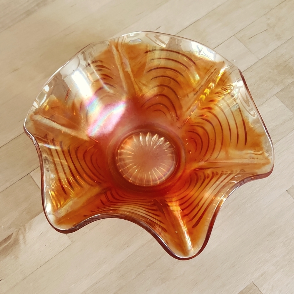 Fenton Carnival Glass Marigold Cut Arcs Reverse Drapery Wide Ruffle Bowl 8 1/4"